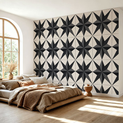 Papier peint adhésif autocollant noir à motif géométrique noir à motif de huit pointes neutres, amovible, autoadhésif, moderne, papier contact mural pour salon, chambre à coucher H 69 po x l 96 po
