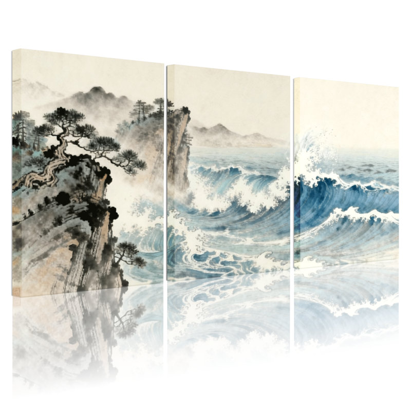 Nautique et plage, pin de montagne, vagues, brume océanique, ensemble de 3 impressions sur toile, H 18 po x l 36 po