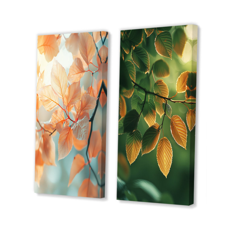 Feuilles ensoleillées I - Art mural floral 2 panneaux, H 32 po x l 33 po, Toile tendue
