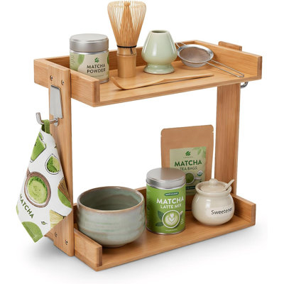 Étagère de bureau en bambou Matcha, organisateur de station de café pour comptoir, étagère à café à 2 niveaux avec crochets à tasses, support à thé et à café pour comptoir