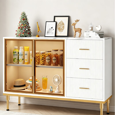 Buffet Buffet avec rangement, grande armoire cannelée de cuisine de 46,4 po avec 2 portes en verre, 3 tiroirs et tablettes, table de buffet en faux marbre pour la salle à manger, le salon.