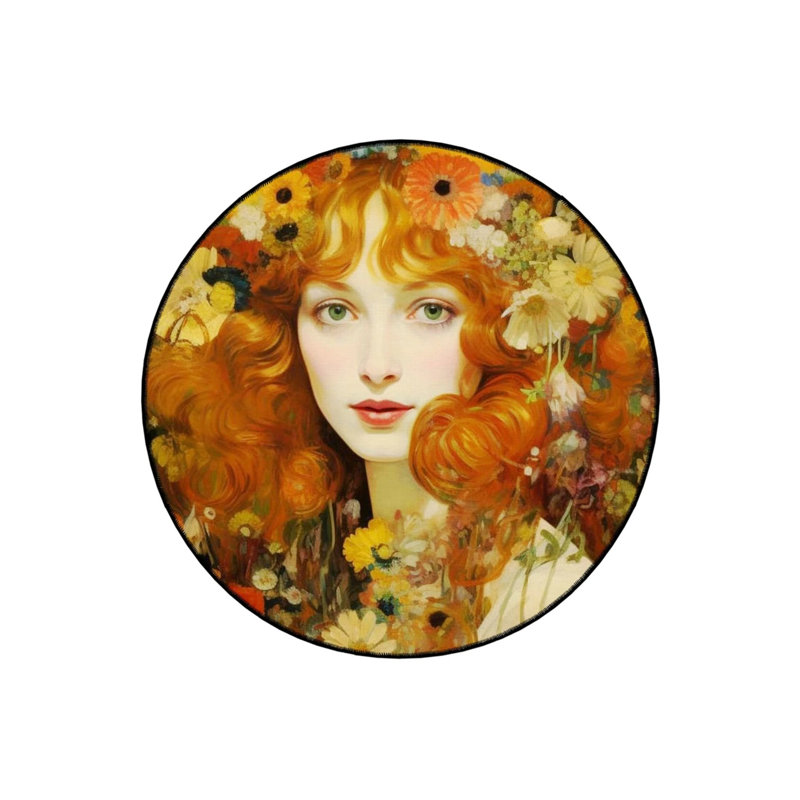 Autumn Flowers Orange Haired Woman Patterned Woven Base Modern Decorative Carpet, Round 4'