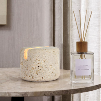 Mini Travertine Stone LED Night Light with Vibration Tap Control, 3-Level Dimmable Rechargeable Accent Lamp, Natural Stone Bedside Ambient Light with USB Charging Cable