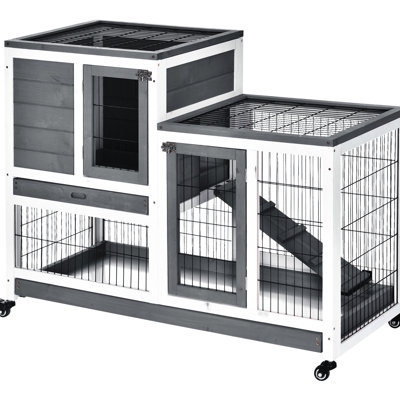 Wooden Pet Cage With Portable Wheels And Removable Feeder, Grey Puzzle