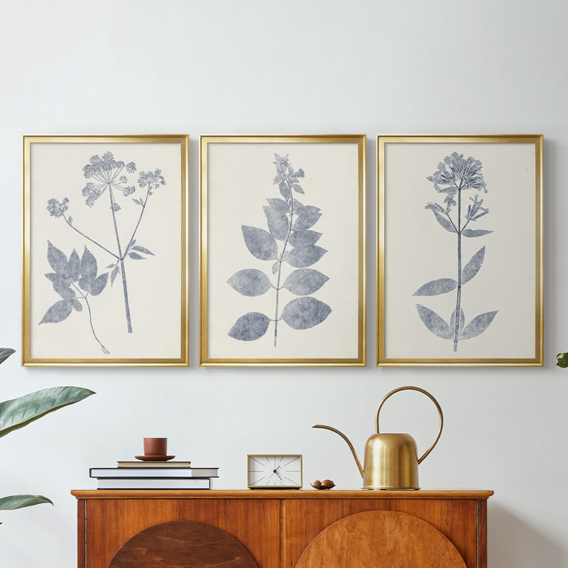 Marine Botanicals IV - Toile tendue avec châssis sur mesure - 3 pièces, H 19 po x l 45 po, Doré