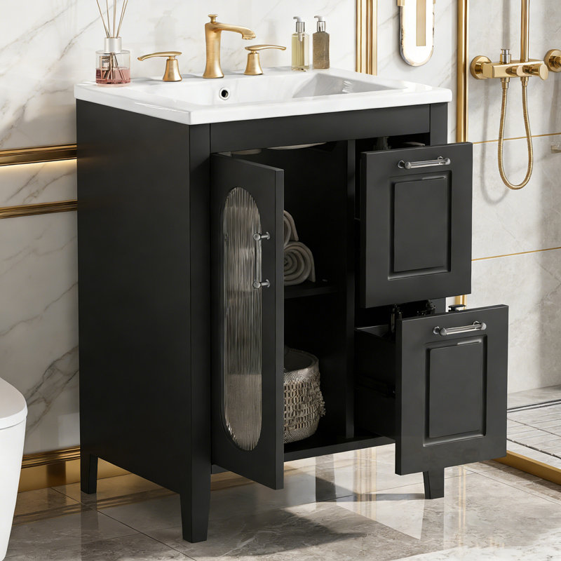 Bathroom Vanity with Sink, Two Drawers and  Adjustable Shelf, Black