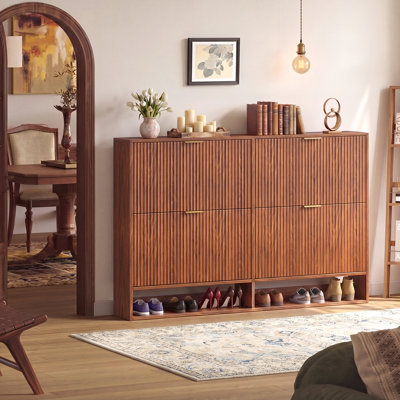 30 Pair Shoe Storage Cabinet With 4 Flip Drawers, Free Standing Wooden Shoes Organizer