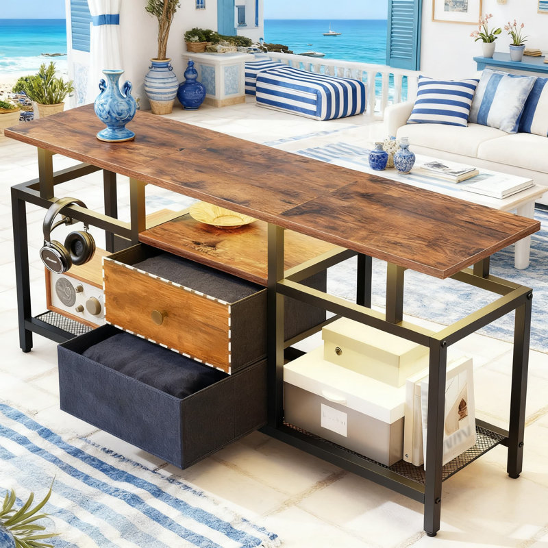 Meuble télé à DEL avec prises de courant et tiroirs en tissu, centre de divertissement moderne avec tablettes ouvertes pour téléviseur de 45 po ou moins, console multimédia pour le salon