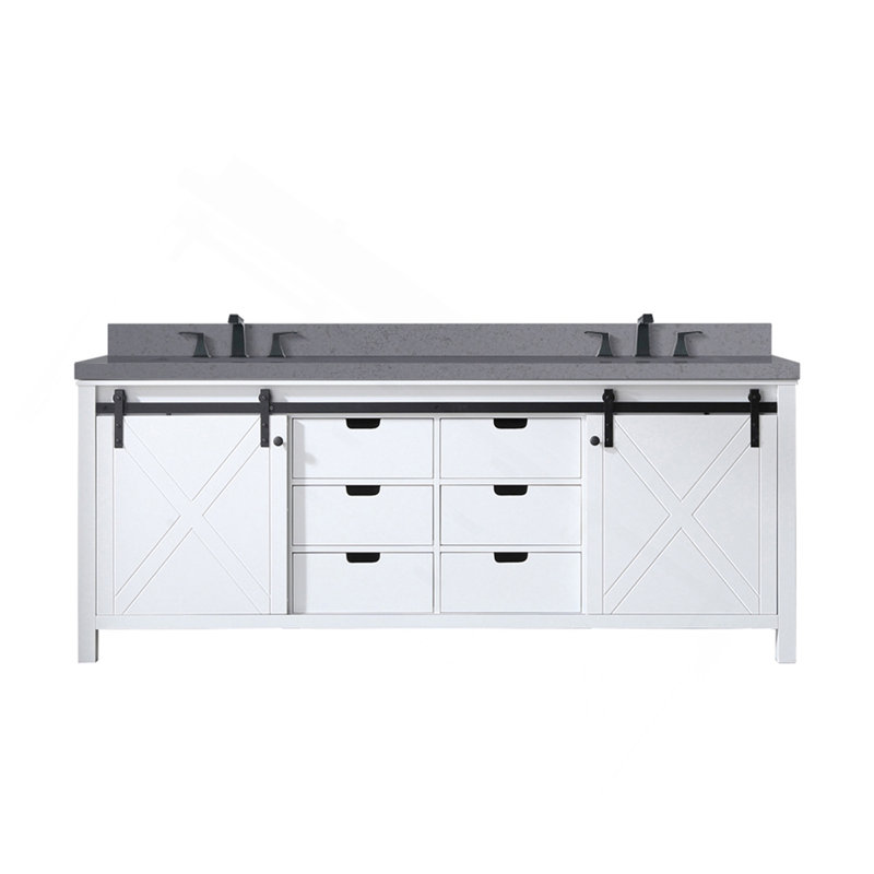 Meuble-lavabo double blanc 84 po X P 22 po D, comptoir en quartz gris et robinet
