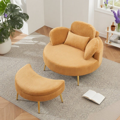 Chaise d'appoint ronde en velours côtelé avec appui-tête réglable, coussins décoratifs et repose-pieds - Canapé-lit convertible pour petits espaces