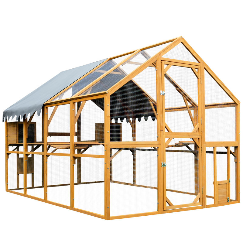 Outdoor Yellow Chicken Coop 110" Kitten Play Area, Walk - In Style With Full View Wire Mesh, Two Small Lift Doors, Waterproof Cover For All Weather Conditions Protection Activity Enclosure, Easy