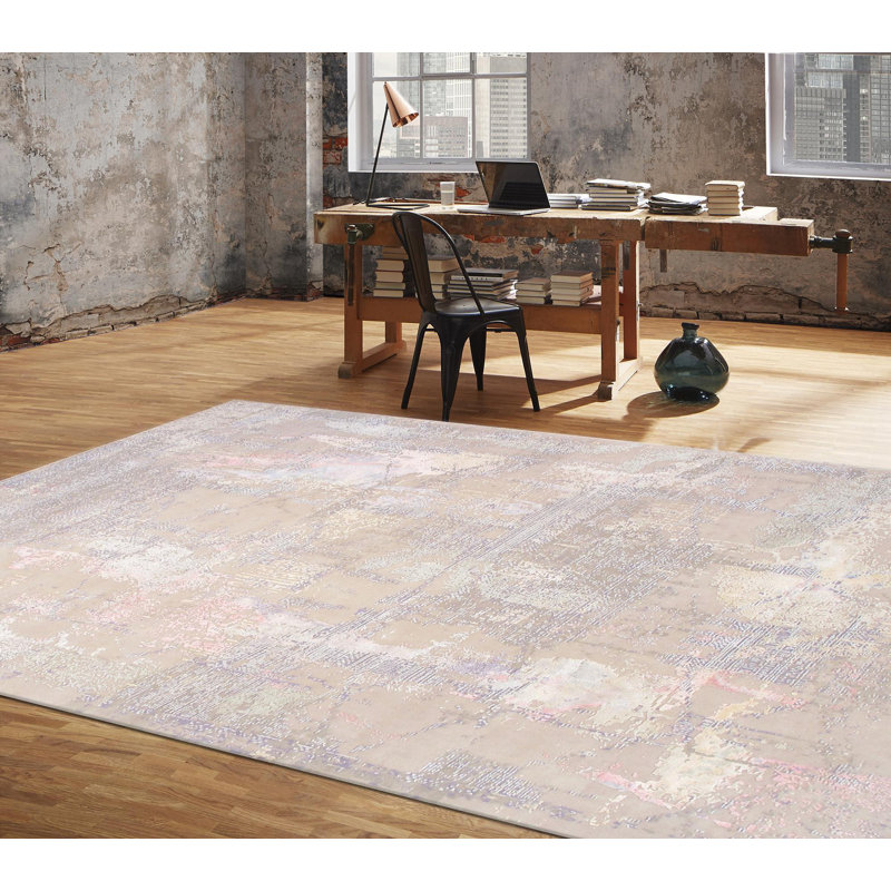 Gray and Beige Abstract Hand-Knotted Wool Silk 9' x 12' Rug