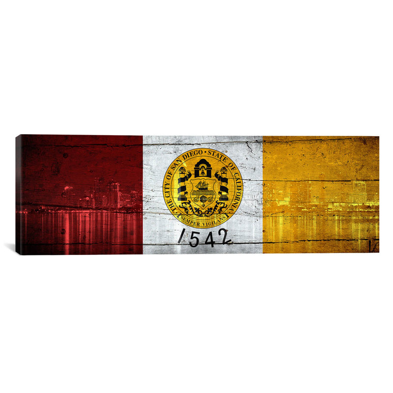 «San Diego Flag, City Skyline with Planks», reproduction d'art graphique sur toile tendue, H 16 po x l 48 po x P 0,75 po