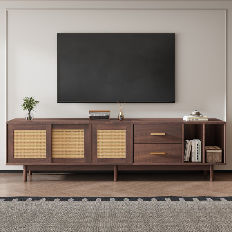 Walnut Rattan TV Unit With Storage Drawers, Wooden Media Cabinet With Woven Rattan Doors