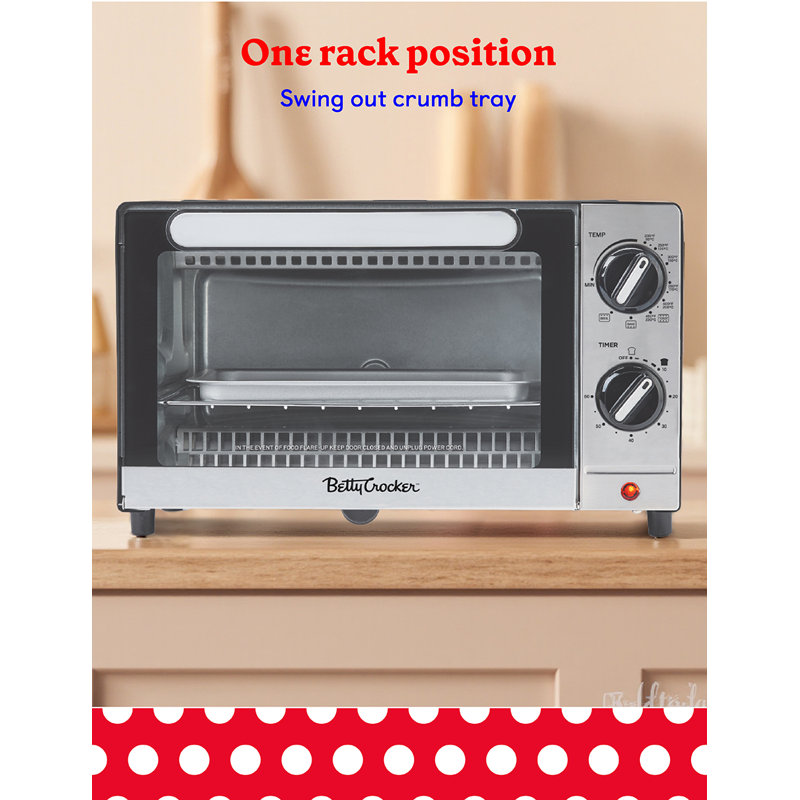 Betty Crocker 9L Toaster Oven, 2-Slice Toaster with Chrome Plated Front, Stainless Steel Handle