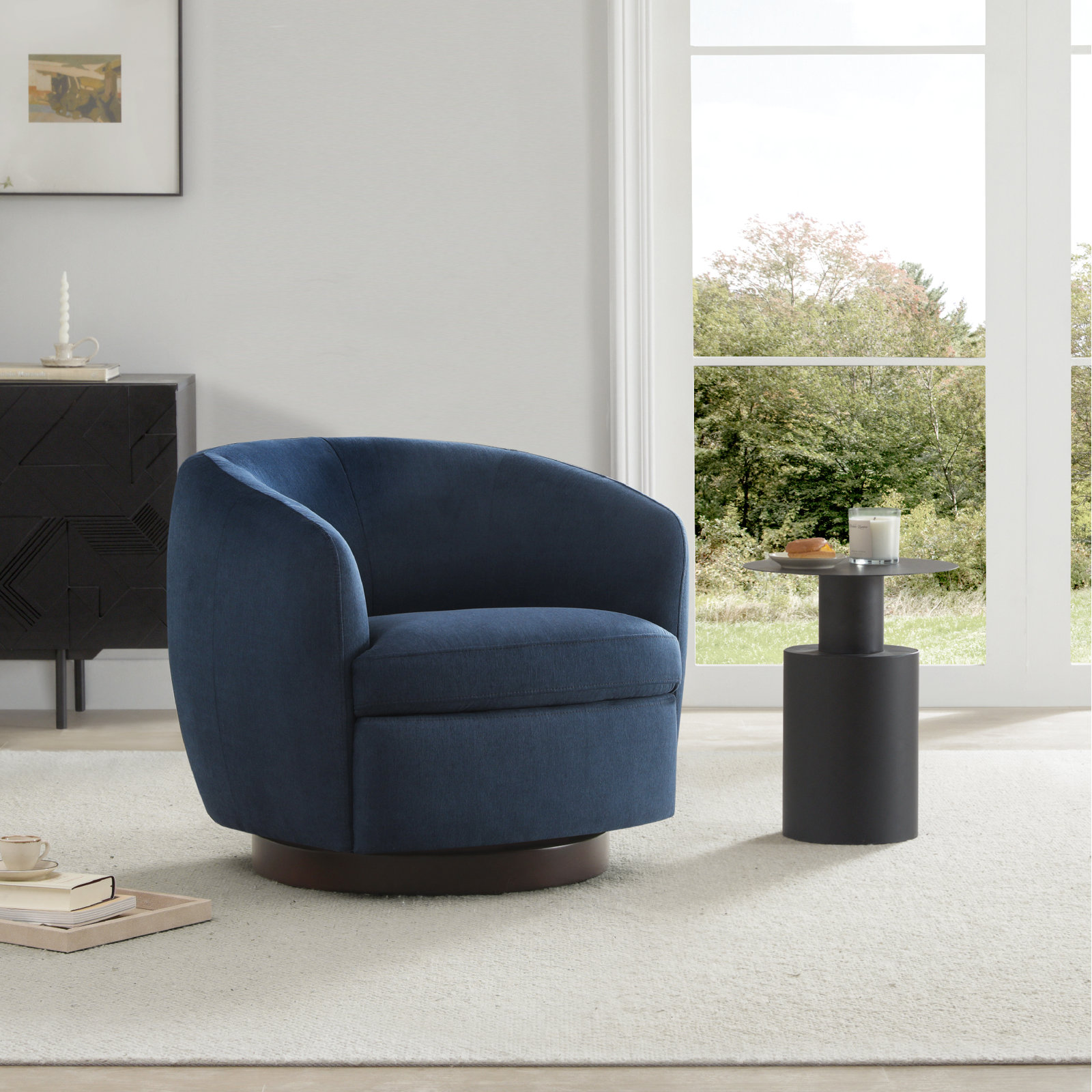 Marcy Linen Swivel Barrel Chair, Peyton Navy Blue Performance Weave