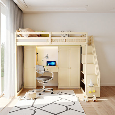 Full Size Loft Bed With Storage Staircase,Built-In Dressing Table With Mirror And Drawer, Wardrobe & Cabinets, USB Charging Ports And Lights