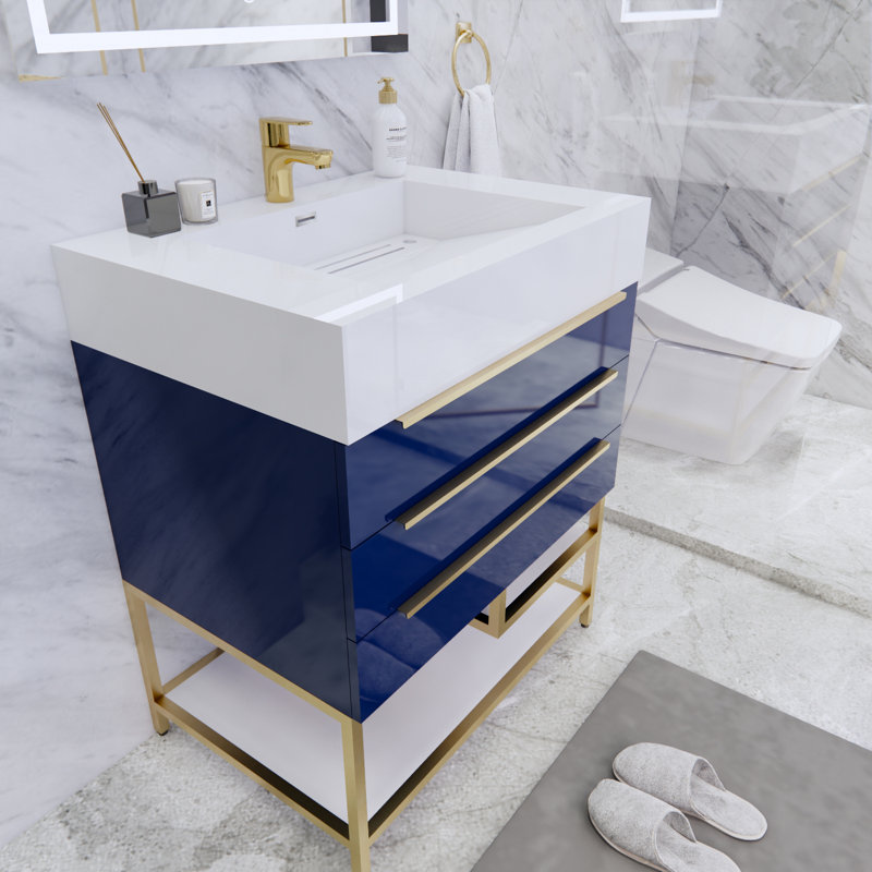 Glasgow 29.5'' Single Bathroom Vanity with Acrylic Top, High Gloss Night Blue