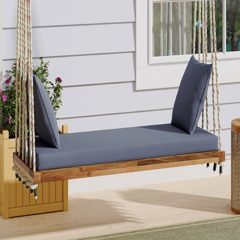 Outdoor Patio Wooden Swing Chair, Hanging Porch Swing Bench With Cushion And Pillows, 10.8Ft Hemp Ropes, Brown, Gray