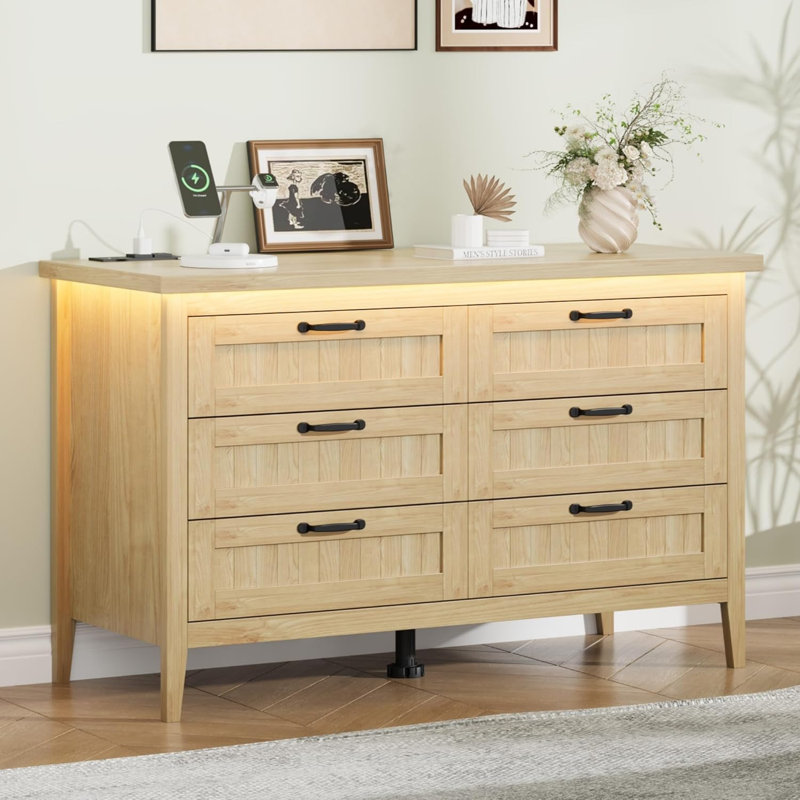 Commode 6 tiroirs, prise de courant et lumière DEL, commode double pour chambre à coucher, Jaune