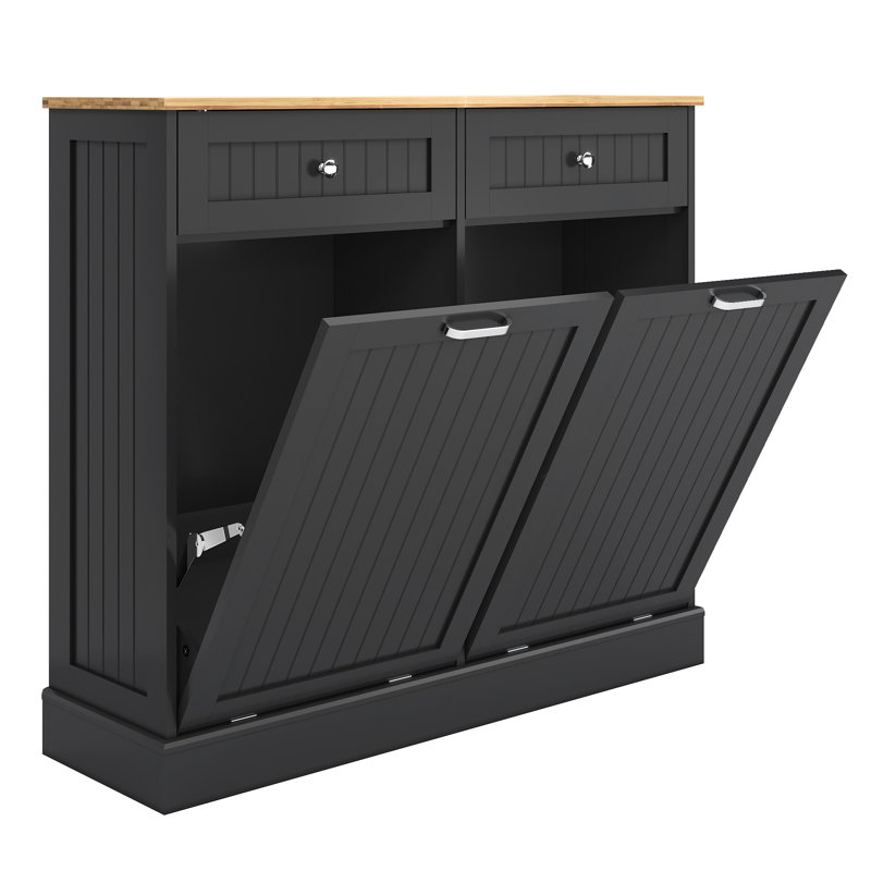 Trash Cabinet Tilt Out Freestanding, Pet Proof Kitchen Trash Cabinet Laundry Hamper with Cutting Board, Wood Garbage Recycling Station Hideaway Trash Holder Drawers