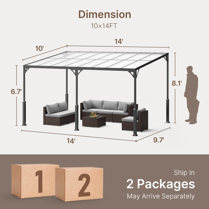 Ensemble de pavillon de jardin en aluminium 10 x 14 pi avec toit incliné et ensembles de conversation extérieurs