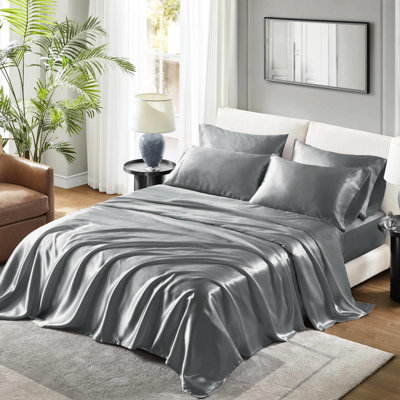 Ensemble de draps 4 pièces en satin gris luxueux - froissé, réduit les frisottis, 1 drap plat, housse de cheveu l 39 po x L 75 po + P 14 po