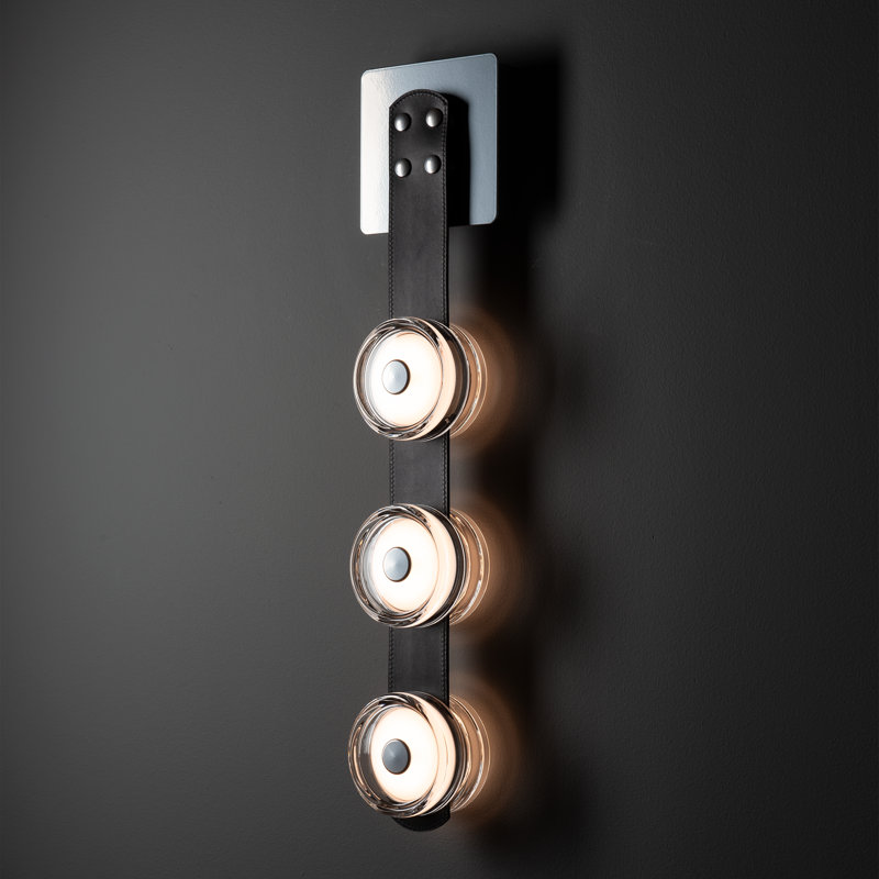 SNAPS 3-Light Wall Sconce, Clear, Black Leather, Sterling