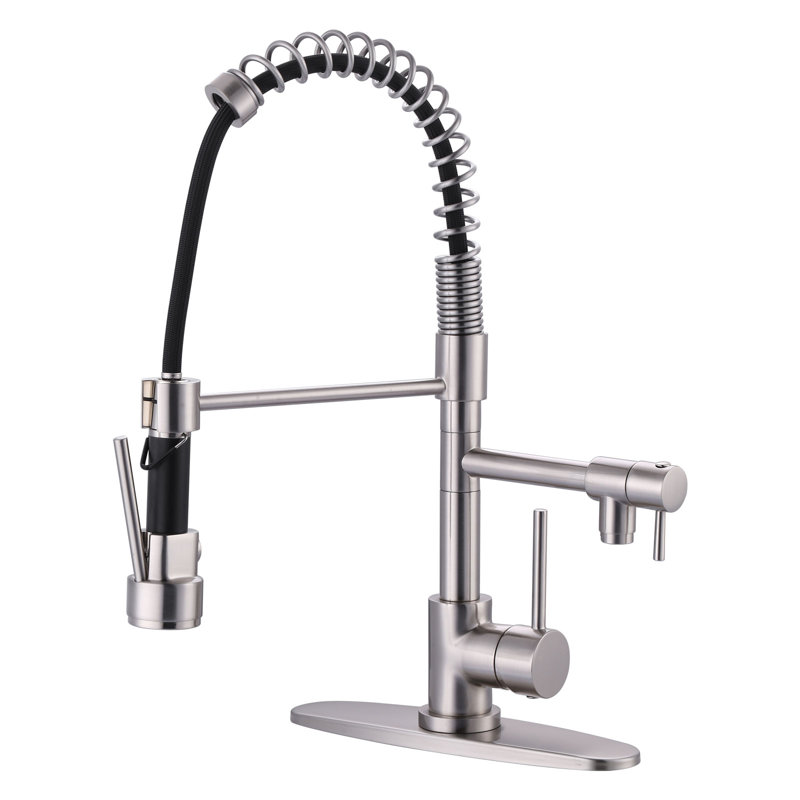 2-Spout Single Handle Pull Down Sprayer Kitchen Faucet With Advanced Spray In Solid Brass, Brushed Nickel