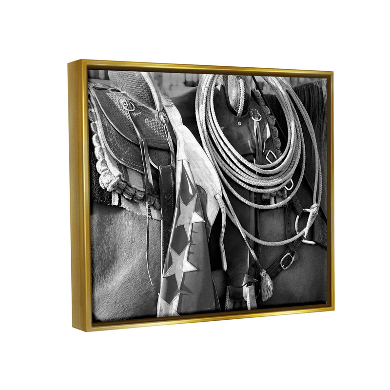 Photographie de selle équestre encadrée sur toile par Steve Toole, Cadre flottant métallique doré