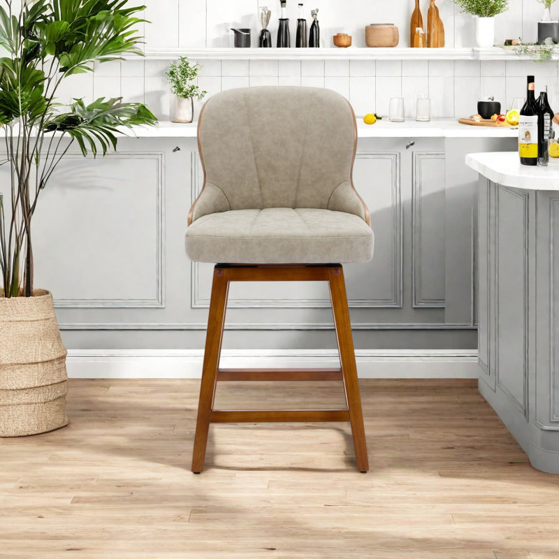 Swivel Bar Stools Set of 2 Mid Century Modern Faux Leather Upholstered Counter Height Barstools,Kitchen Island Wooden Bar Chairs,25-Inch Armless Counter Stools with Wood Back and Legs
