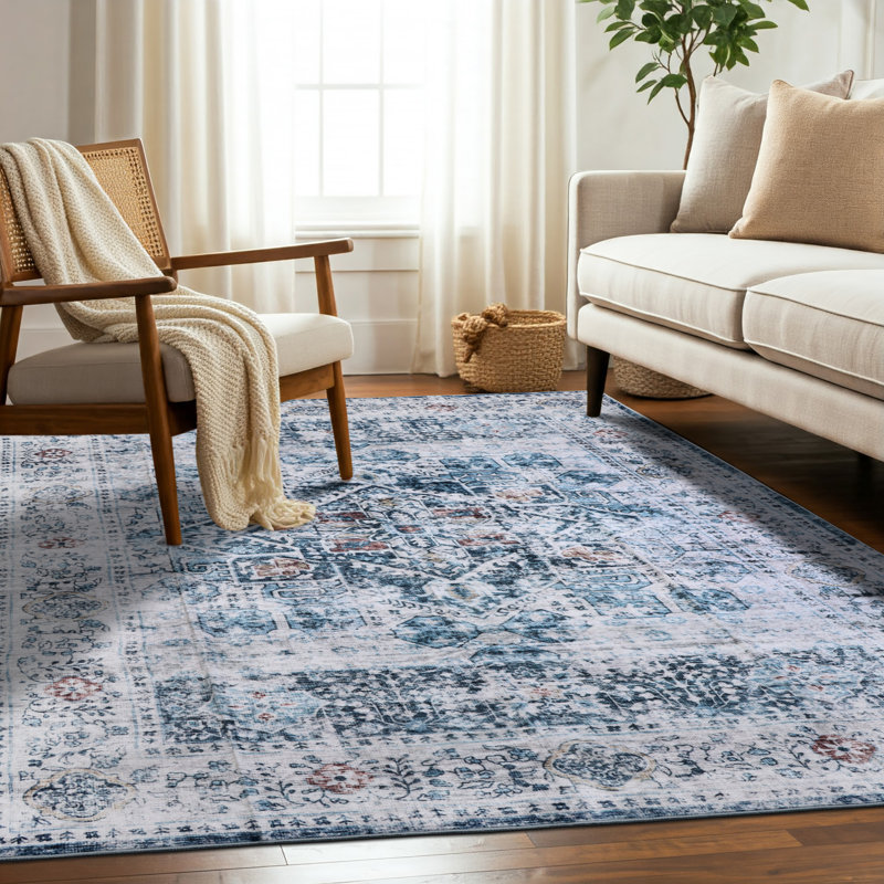 Winston Porter Blue/Coral Machine Washable Area Rug – Non-Slip, Stain Resistant, GRS Certified, for Bedroom, Living & Dining