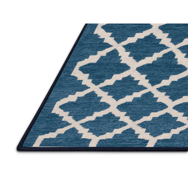Machine Washable Trellis Blue Area Rug, Rectangle 5' x 7'