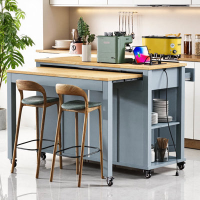47" Kitchen Island with Extendable Dining Table & Power Outlet | Black Rubber Wood Veneer Rolling Cart with Internal Storage Racks, 2 Drawers & 2 Cabinets – Mobile Prep Station for Kitchen, Dining, or Small Spaces