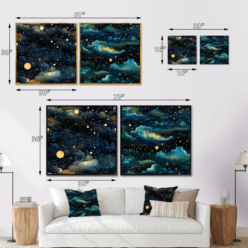 Midnight Indigo Galatic - ensemble de 2 collages carrés abstraits, Cadre flottant noir, H 36 po x l 73 po