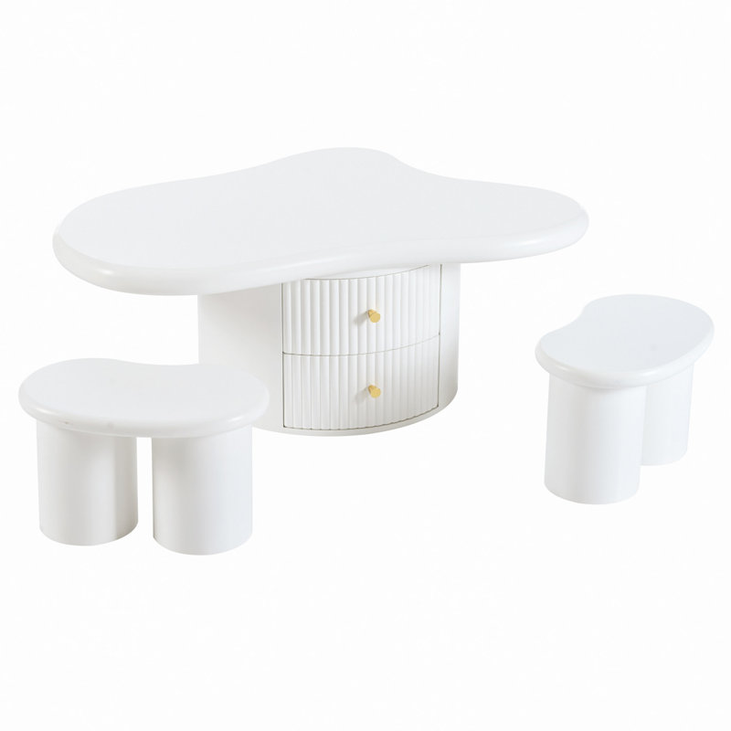 Ensemble de 3 tables basses Cloud, de forme irrégulière avec 2 tiroirs et 2 petits tabourets de salon