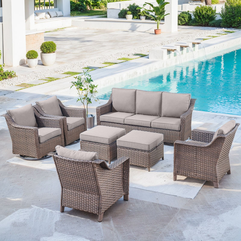 Jenesys Outdoor Wicker Sofa Set With Club & Swivel Glider Chairs - Comfortable, Durable, Gray