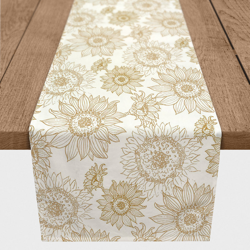 Arjon Rectangle Floral Polyester Table Runner, 72" x 16", Gold/White
