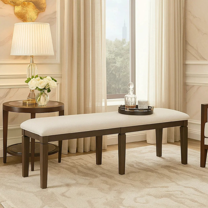 Banc Vcyce, siège en tissu texturé beige 58 po, pieds brun espresso