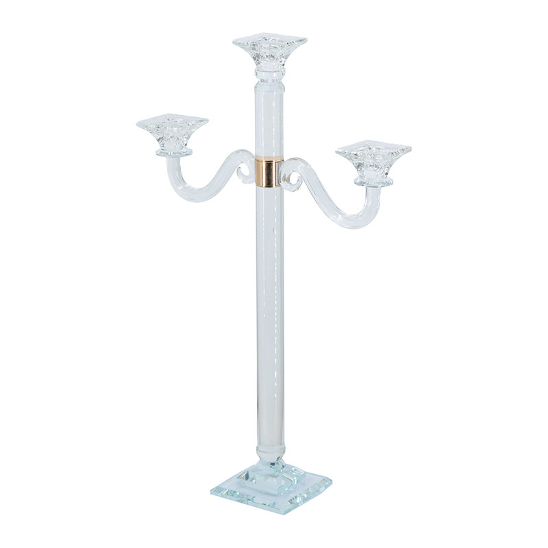 Porte-bougie 15 x 4,5 x 24,5 po à 3 branches en verre transparent avec accent doré métallique