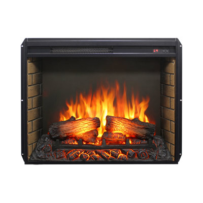 28 Inch Ultra‑Thin Antique Black Electric Fireplace Insert with Realistic Log Set Adjustable Flame Brightness Remote Timer Control and Dual Overheat Safety Protection for Freestanding or Cabinet Installation