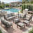 8-Piece Metal Patio Furniture Set, 9-Seat All-Weather Conversation Sofa With 4 Inches Thick Gray Cushions, Khaki Frame, Coffee Table, Side Table, End Table & Ottomans For Porch Backyard Garden-1732804326-1732804324