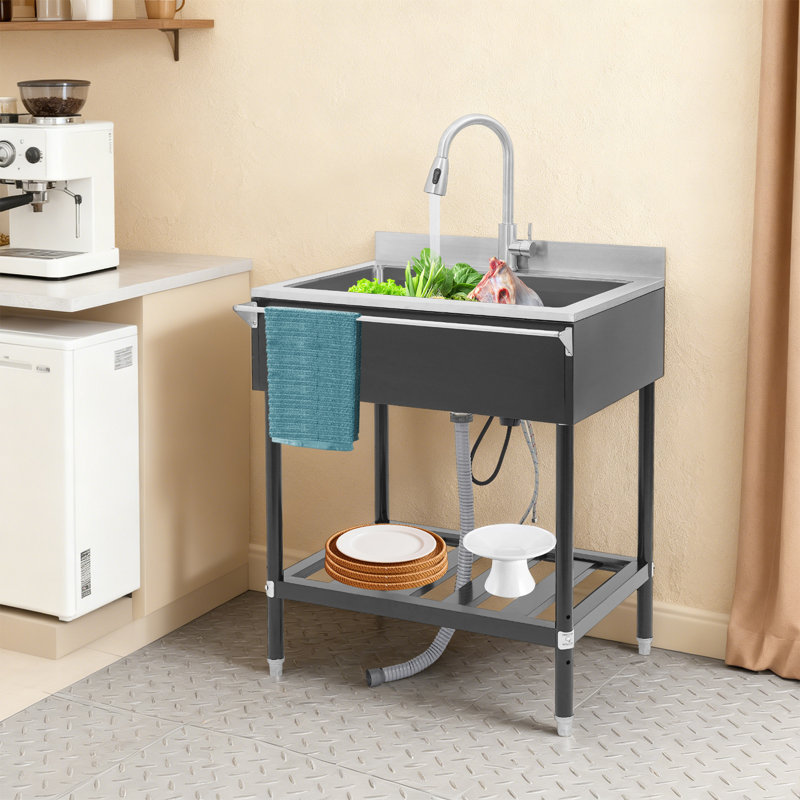 Évier de cuisine autoportant en acier inoxydable avec robinet escamotable, Noir mat