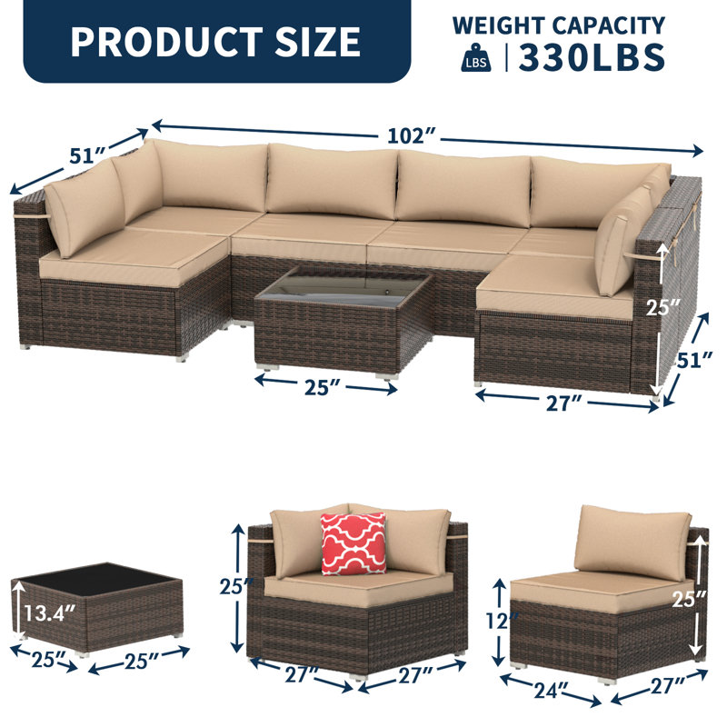 Ensemble de conversation modulaire en osier 6 personnes avec coussins Treyshun, Beige, Non