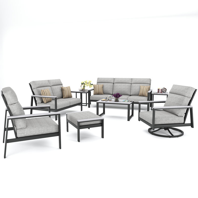 Chesler 7 Person Seating Group With Sunbrella Cushions, Canvas Granite, Dark Gray/White