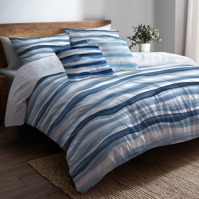 Ensemble de housse de couette et de coussin à rayures bleues et blanches Calm Tides