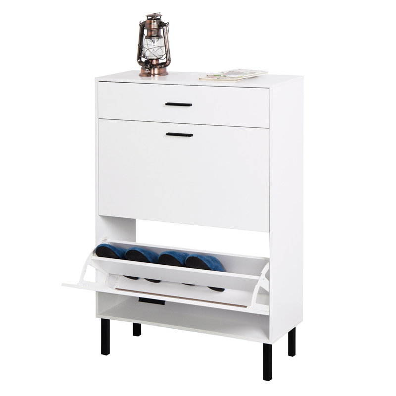 Armoire à chaussures autoportante avec pieds et tiroirs en métal - Organisateur de hall d'entrée blanc moderne et solution de rangement