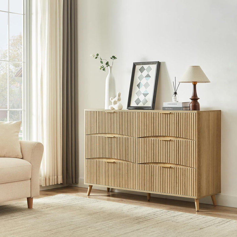 Fluted 6 Drawer Dresser, 55" Wide Wood Curved Dresser, Mid Century Modern Chest Of Drawers For Bedroom, Living Room And Entryway