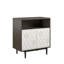 Armoire de rangement moderne à grain de bois gris avec portes géométriques et casier ouvert, parfait pour l'organisation élégante
