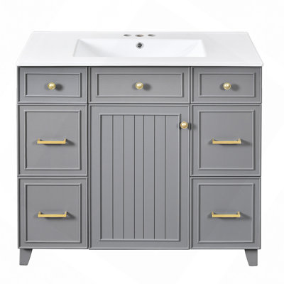 36" Bathroom Vanity With Ceramic Sink, Soft-Close Doors, 2 Double-Layer & 2 Standard Drawers, Adjustable Shelf
